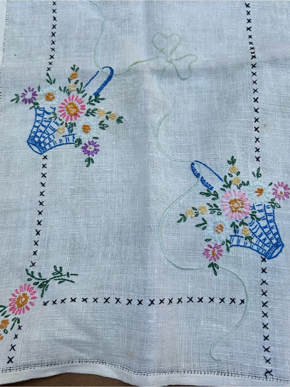 Vintage Hand-embroidered Runner Basket Floral Cross Stitch 40